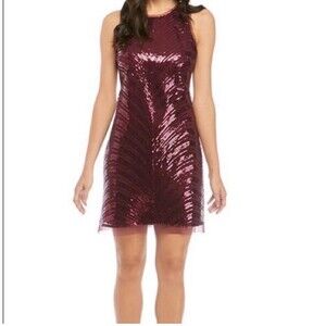 Vince Camuto Burgundy Sequined Mesh Evening Party Sleeve Dress Sz 10